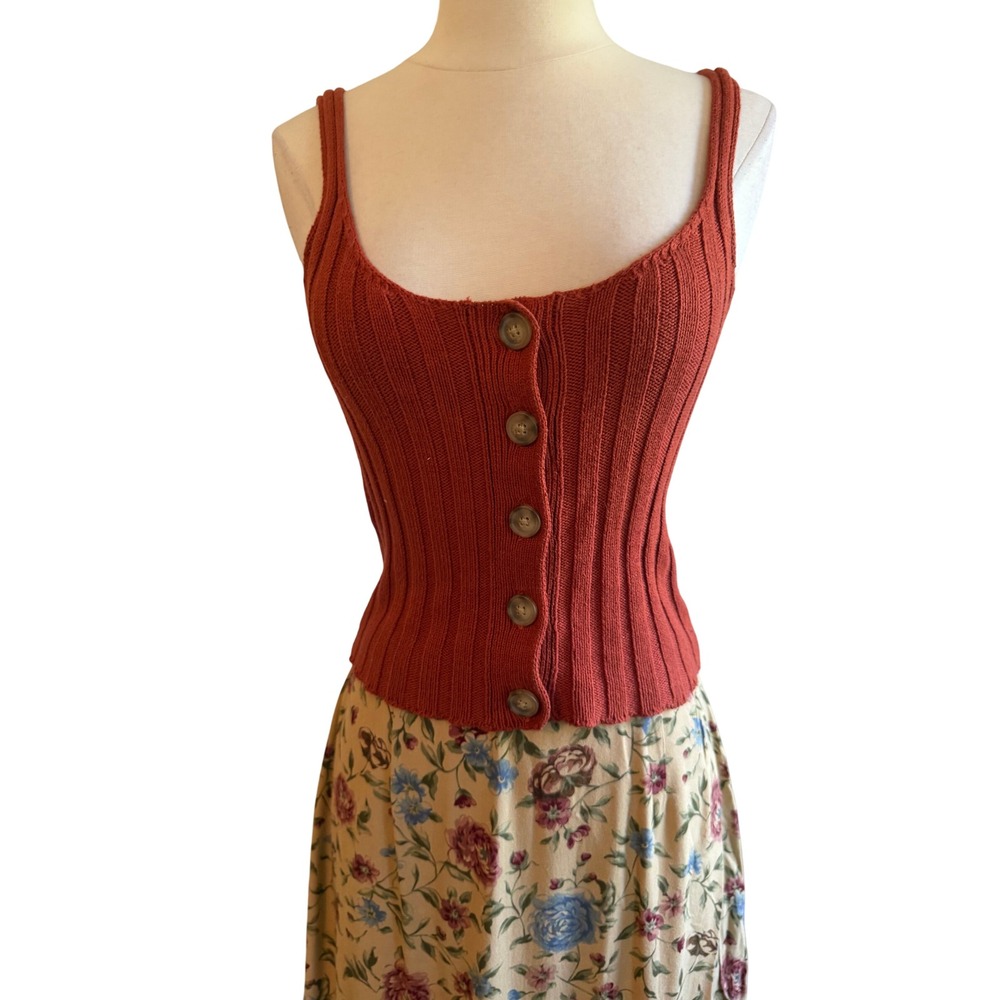 Urban Outfitters Rust Ribbed Knit Button Front Tank Top Small Terracotta Boho